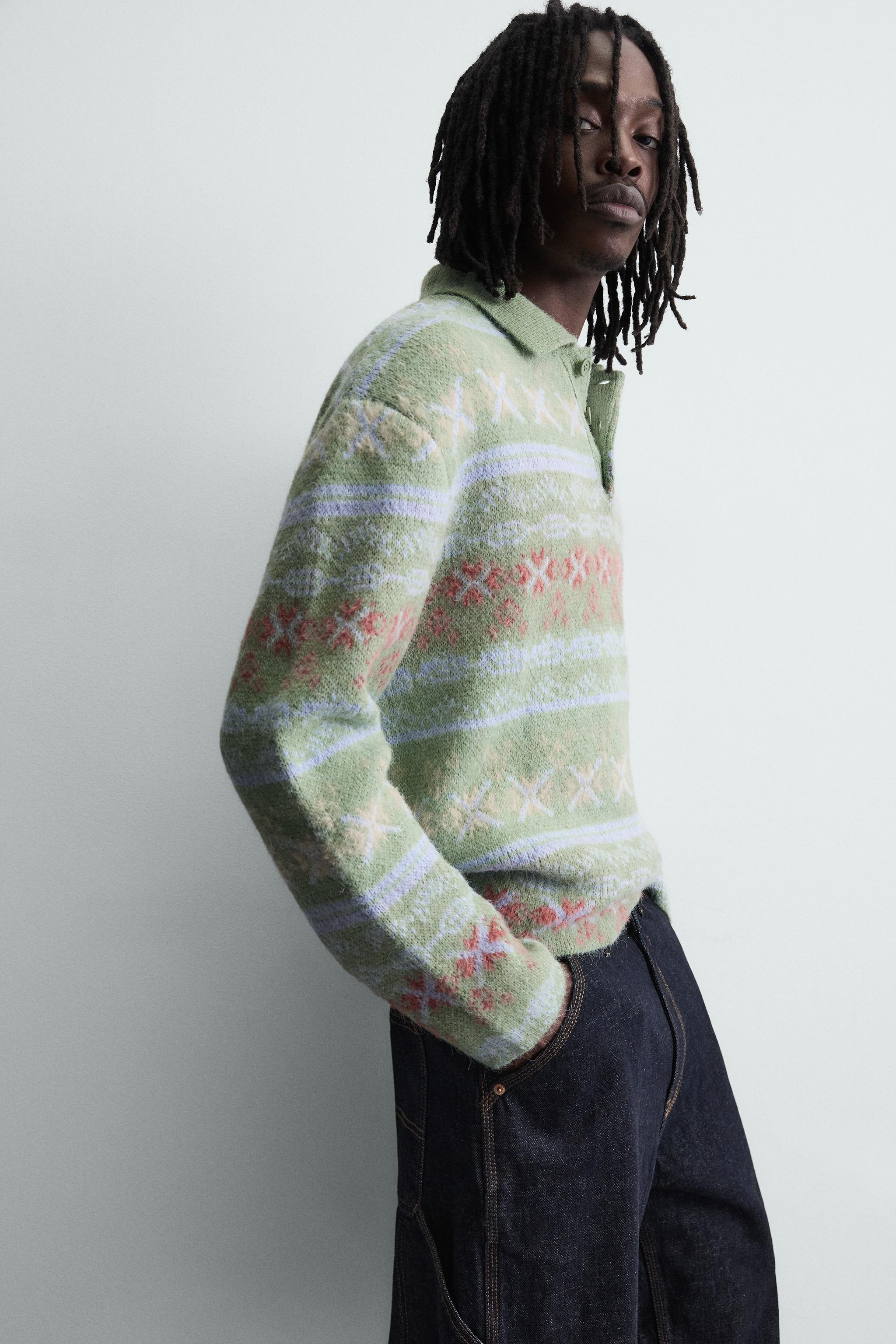 GEOMETRIC TEXTURED JACQUARD KNIT POLO SHIRT